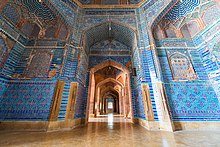 The mosque's tile work exhibits Timurid influences introduced during Shah Jahan's campaigns in Central Asia. Shah Jehan Mosque, Thatta, Sindh..jpg