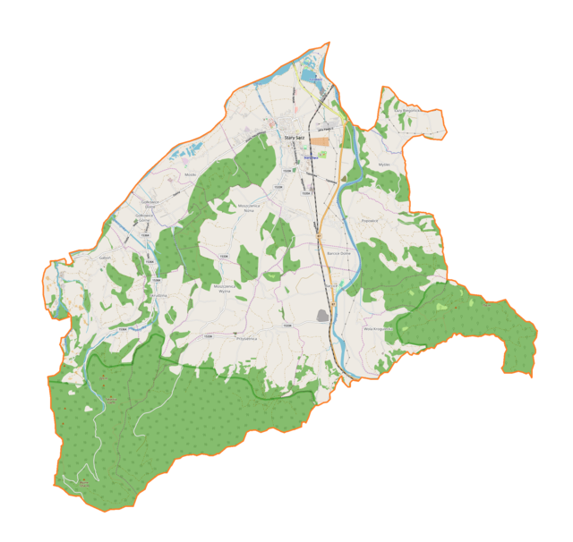 Mapa konturowa gminy Stary Sącz, u góry znajduje się punkt z opisem „Stary Sącz”