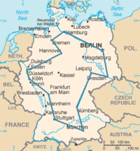 An optimal traveling salesperson tour through Germany's 15 largest cities. It is the shortest among the 43,589,145,600 possible tours that visit each city exactly once. TSP Deutschland 3.png