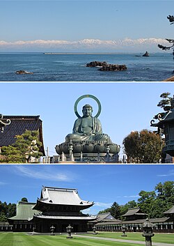 Clockwise from top, Sho River, Yakamochi Otomo's Stature in Takaoka Station, Takaoka Castle Site, Amahara Sea Coast, Takaoka Daibutsu, Otoko Rock in Takaoka Bay