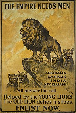 The Parliamentary Recruiting Committee produced this First World War poster. Designed by Arthur Wardle, the poster urges men from the Dominions of the British Empire to enlist in the war effort. The Empire Needs Men WWI.jpg