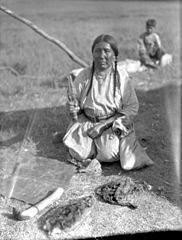 Unidentified Blackfoot woman with hide-scraping tools, Alberta