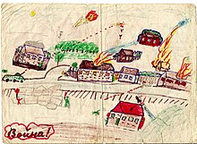 Drawing by 10 year old Polina Zherebtsova from her diary showing the battle of Grozny. Risunok Zherebtsovoi Poliny, 1995 god (avtoru 10 let).jpg