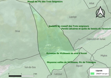 Carte des ZNIEFF de type 1 sur la commune.