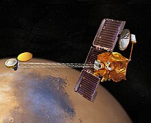 The 2001 Mars Odyssey used spectrometers and imagers to hunt for evidence of past or present water and volcanic activity on Mars. 2001 mars odyssey wizja.jpg