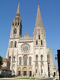 Chartres Cathedral: The Flamboyant Gothic North Tower (finished 1513) (left) and Romanesque South Tower (1144–1150) (right)