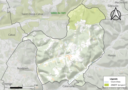 Carte de la ZNIEFF de type 2 sur la commune.