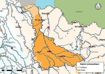 La Meurthe-et-Moselle est dans deux régions hydrographiques : le Rhin et la Meuse.