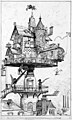 Image 13 Scientific romance Artist: Albert Robida A typical 20th-century aerial rotating house, as drawn by Albert Robida. The drawing shows a dwelling structure in the scientific romance style elevated above rooftops and designed to revolve and adjust in various directions. An occupant in the lower right points to an airship with a fish-shaped balloon in the sky, while a woman rides a bucket elevator on the left. Meanwhile, children fly a kite from the balcony as a dog watches from its rooftop doghouse. More selected pictures