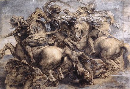 Anonyme d'après Léonard de Vinci, retouché et élargi par Pierre-Paul Rubens, La Lutte pour l'étendard de la bataille d'Anghiari, techniques variées, avant 1550 (retouché en 1603).