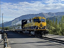 Alaska Railroad passenger train at the Denali National Park depot.