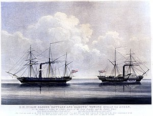תחרות "משיכת חבל" בין אוניית המדחף "ראטלר" לאוניית המשוטות "אלקטו" (מימין), 3 באפריל 1845