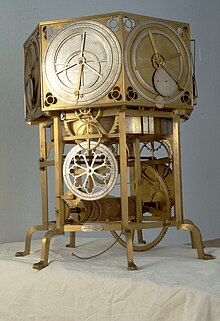 The astrarium made by Giovanni Dondi dell'Orologio showed hour, year calendar, movement of the planets, Sun and Moon. Reconstruction, Museo Nazionale Scienza e Tecnologia Leonardo da Vinci, Milan. Astrario Dondi 05869 01 dia - Museo scienza e tecnologia Milano.jpg