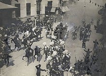 The attempted regicide of Alfonso XIII of Spain and Princess Victoria Eugenie of Battenberg by Catalan anarchist Mateu Morral, 31 May 1906. Atentado contra los reyes Alfonso XIII y Victoria Eugenia de Espana, 1906.jpg