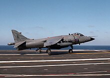 A Sea Harrier of the Fleet Air Arm takes off from the deck of Dwight D. Eisenhower in 1984. BAe Sea Harrier 800 NAS on USS Eisenhower 1984.JPEG