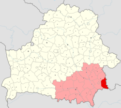 Dobrušský rajón (červeně) na mapě Homelské oblasti