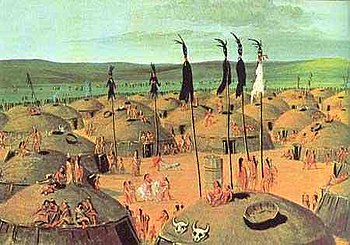 Painting of a Mandan village by George Catlin, c. 1832 Catlin mandan village.jpg