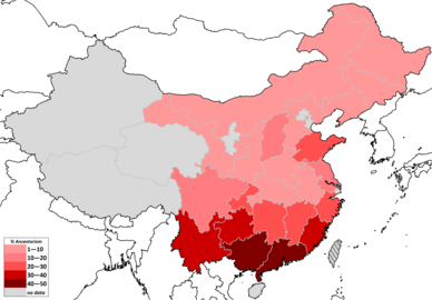 Mappatura del culto degli avi cinese, o religione ancestrale cinese (min. 1-10%, max. 40-50%)[44]