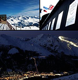 Davos - Top left: Weissfluhjoch, Top right: World Economic Forum congress centre, Bottom: View over Davos and the Parsenn ski area by night