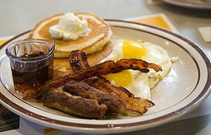 Pancakes, eggs, sausage, and bacon.