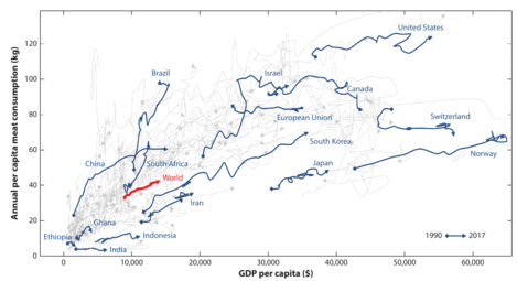 Per capita meat consumption and GDP 1990–2017