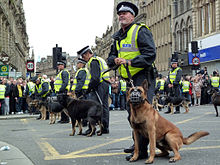 Police with police dogs in attendance at an EDL demonstration in Newcastle in 2010 EDL3.jpg