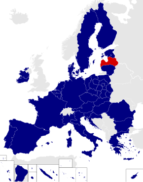 Map of the European Parliament constituencies with Latvia highlighted in red