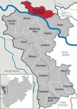 Poloha mesta Emmerich am Rhein v rámci okresu Kleve a spolkovej krajiny Severné Porýnie-Vestfálsko.