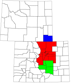An enlargeable map of the Front Range Urban Corridor of Colorado and Wyoming. Blue: Southeast Wyoming; red: North Central Colorado; green: South Central Colorado