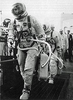 March 23, 1965: John Young and Gus Grissom before being launched on the first two-astronaut mission G3C spacesuit Gemini 3.jpg