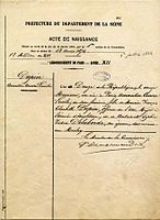 Acte de naissance reconstitué de George Sand, née le 12 Messidor An XII (1er juillet 1804) à Paris.