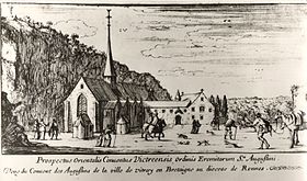 Le couvent des Augustins dans le faubourg médiéval du Bourg-aux-Moines. Gravure du XVIIe siècle.
