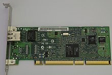 A PCI-X Gigabit Ethernet expansion card with both 5 V and 3.3 V support notches, side B toward the camera Intelpromtserverpcixadapter1000mta342.jpg