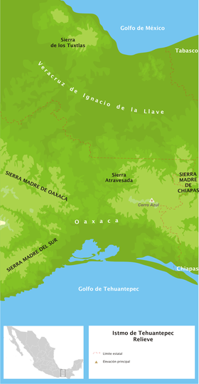 Carte de localisation de la sierra Madre de Oaxaca à l'ouest de l'isthme de Tehuantepec.