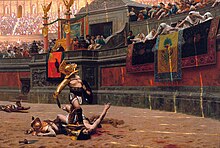 Several dead men and various scattered weapons are located in a large arena. Near the center of the image is a man wearing armor standing in the middle of an arena looking up at a large crowd. The man has his right foot on the throat of an injured man who is reaching towards the crowd. Members of the crowd are indicating a 