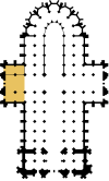 Grob schematisierter Grundriss des Kölner Domes auf Basis diverser alter Grundrisse nachgezeichnet. Nordquerhaus farblich hervorgehoben