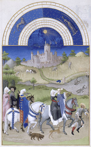 Illustration from Tres Riches Heures du Duc de Berry, 1412-16, by Pol and Hermann de Limbourg, representing the month of August and depicting, in the foreground, the Nobility riding out to hunt with falcons while in the midground, the harvest takes place and the workers cool off in the river. One of the Duc's many castles, Etampes, completes the scene. Illumination on vellum, 22,5 x 13,6 cm Les Tres Riches Heures du duc de Berry aout.jpg