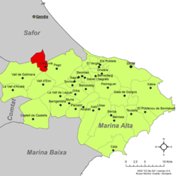 Location in the comarca Marina Alta, within the Province of Alicante