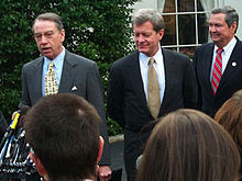 Senators Grassley and Max Baucus (D-MT), and Representative Clay Shaw (R-FL) (left to right) address the media after a meeting at the White House with President Bill Clinton MAXWH.jpg