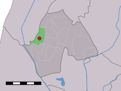 The village (dark red) and the statistical district (light green) of Eenigenburg in the former municipality of Harenkarspel.
