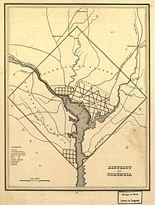 An 1835 map of the District of Columbia, prior to the retrocession of Alexandria County Map of the District of Columbia, 1835.jpg