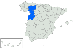 Mapa zobrazující modře provincie Leonské země (shora dolů: León, Zamora, Salamanca).