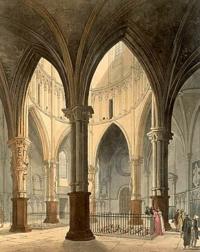 The interior of the Round Church in the early 19th century, with tomb effigies behind iron railings Microcosm of London Plate 084 - Temple Church edited.jpg