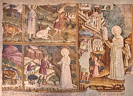 Affresco raffigurante l'apparizione della Madonna al contadino durante il Miracolo dei tre pani e raffigurazione della Madonna al bambino durante il Miracolo della Madonna dell'ulivo