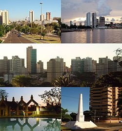 Top left:Afonso Pena Avenue (Avenida Afonso Pena), Top right:Afonso Pena area and Nacoes Indigenas Park (Parque das Nacoes Indigenas), Center:A panoramic view of Centro area, Bottom left:Horto Florestal Garden, Bottom right:A obelisk in Jose Antonio Street