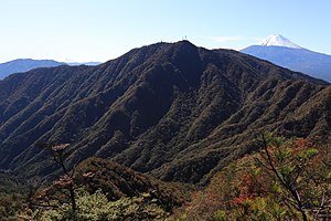 北側の本社ヶ丸から望む御巣鷹山、右奥に富士山（2019年10月23日撮影）