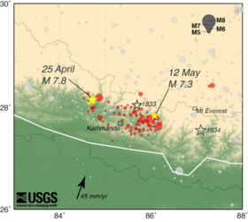 Map of the earthquake and aftershocks at 12 May, showing location of major historical earthquakes NepalAftershockMap.png