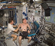 Gennady Padalka performing ultrasound on Michael Fincke during ISS Expedition 9 Padalka Fincke ISS ultrasound.jpg