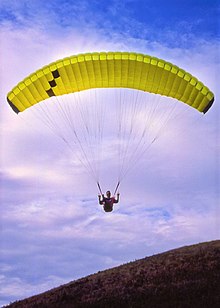 Paragliding at Cochrane hill, AB, Canada, 1991. An APCO Starlite 26. Paraglider at Cochrane Hill, AB, Canada.jpg