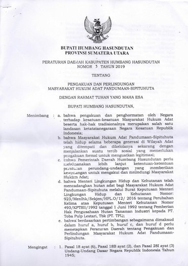 Peraturan Daerah Kabupaten Humbang Hasundutan Nomor 03 Tahun 2019 tentang Pengakuan dan Perlindungan Masyarakat Adat Pandumaan-Sipituhuta